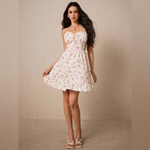 Pink Floral Knee Length White Sundress Dress M